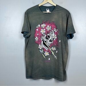 Don Ed hardy Men's Acid Wash Graphic Print Skull & Flower Tee Shirt Size L; Y2K